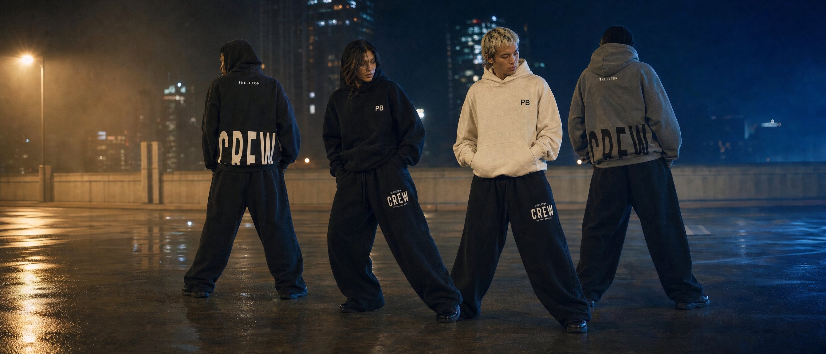 Four dancers in Skeleton Crew hoodies and baggy sweats on a wet rooftop at night, two showing the back print