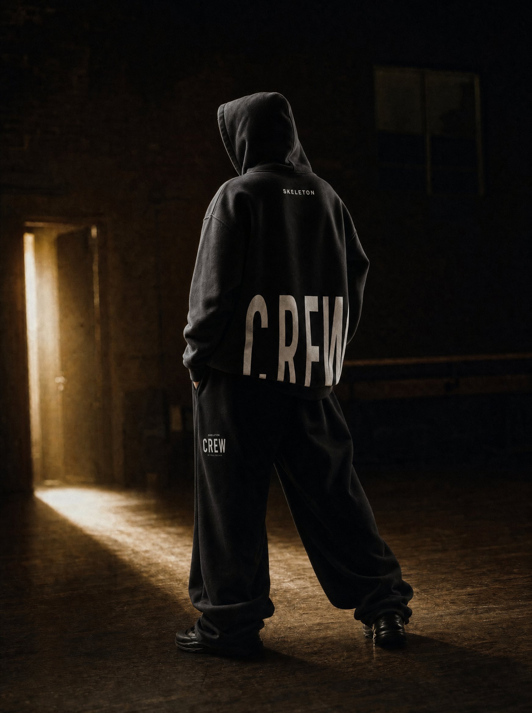 A dancer from behind in the black Skeleton Crew hoodie and baggy sweats in a dark studio