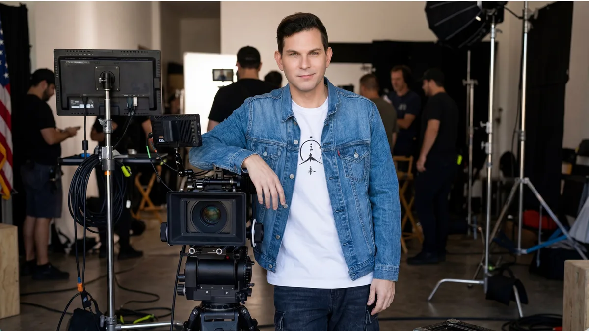 Paul Becker leaning on cinema camera